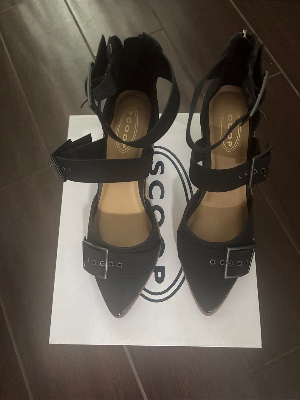 Women’s Black Pointed Buckle Ankle-Strap Heels
